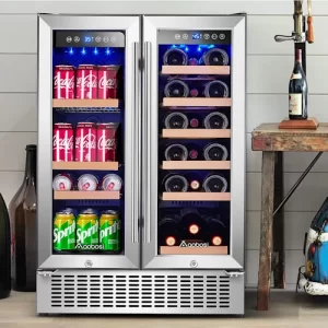 Aobosi 24in Wine and Beverage Refrigerator 2 in 1 for 18 Bottles & 57 Cans with Temperature Adjustment for Built in & Freestanding, Dual Zone Wine Cooler Fridge