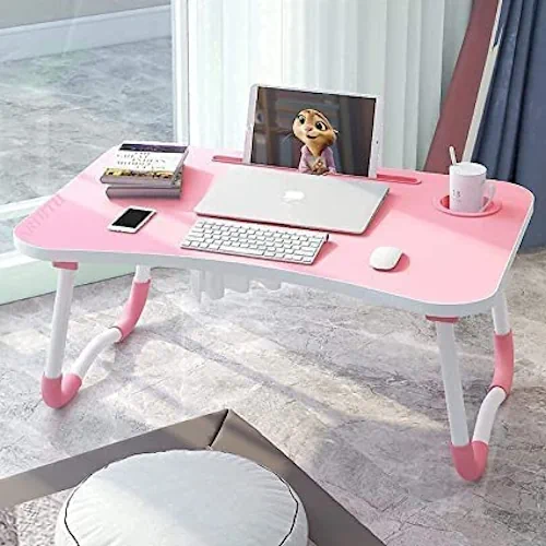 Study Table Bed Table Foldable and Portable Wooden Writing Desk for Office Home School Pink