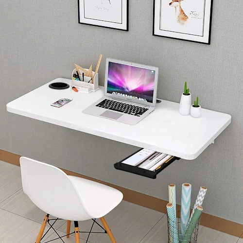 Wood Wall Mounted Round Corner Folding Wall Study Table Wall Mount Table with Drawer Factorydunia